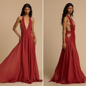 Arcina Ori Florence Chiffon Plunging Dress in Red